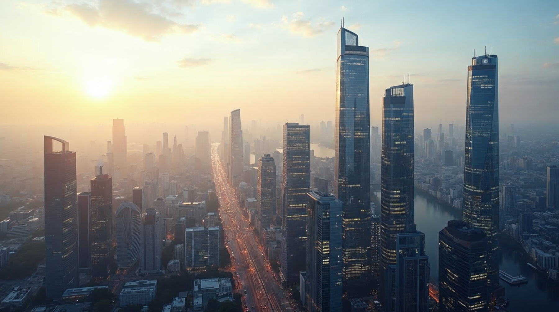 Modern business district skyline for international development